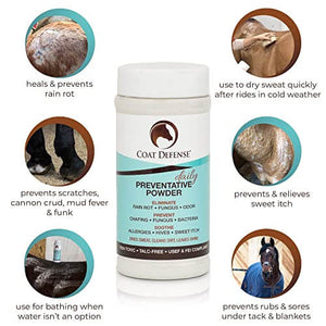 Coat Defense Daily Preventative Powder for Horses - Safe & Effective Equine Sweet Itch, Skin Funk, Scratches, & Rain Rot Treatment - Dry Shampoo for Horses, 8 oz Formula with All Natural Ingredients - Best Services Horseback riding lessons and horse supplies near San Diego, CA